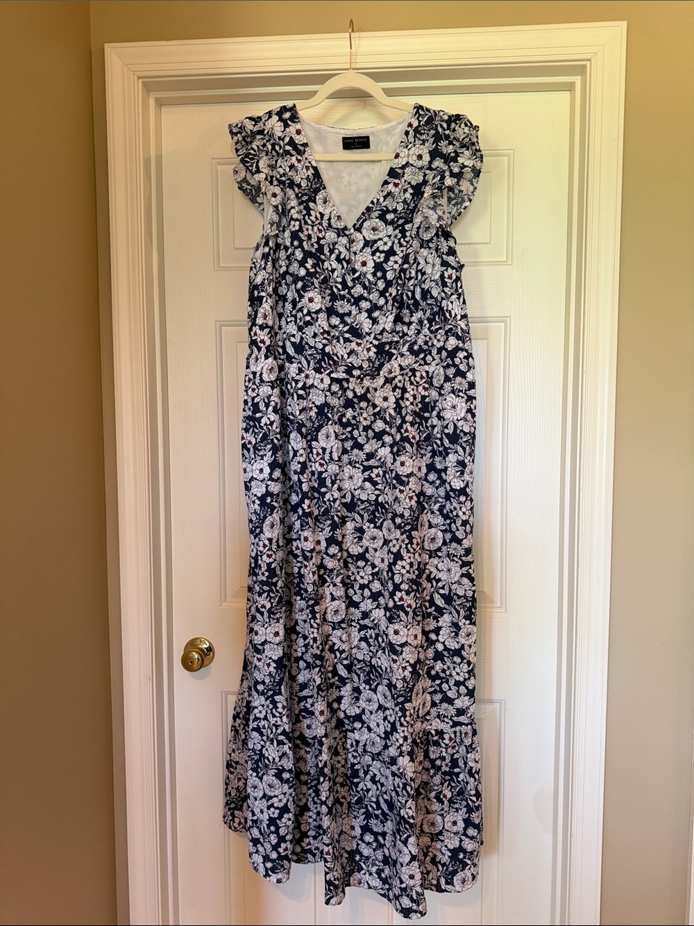 Lane Bryant Navy and White Floral Maxi Dress with Ruffle Sleeves